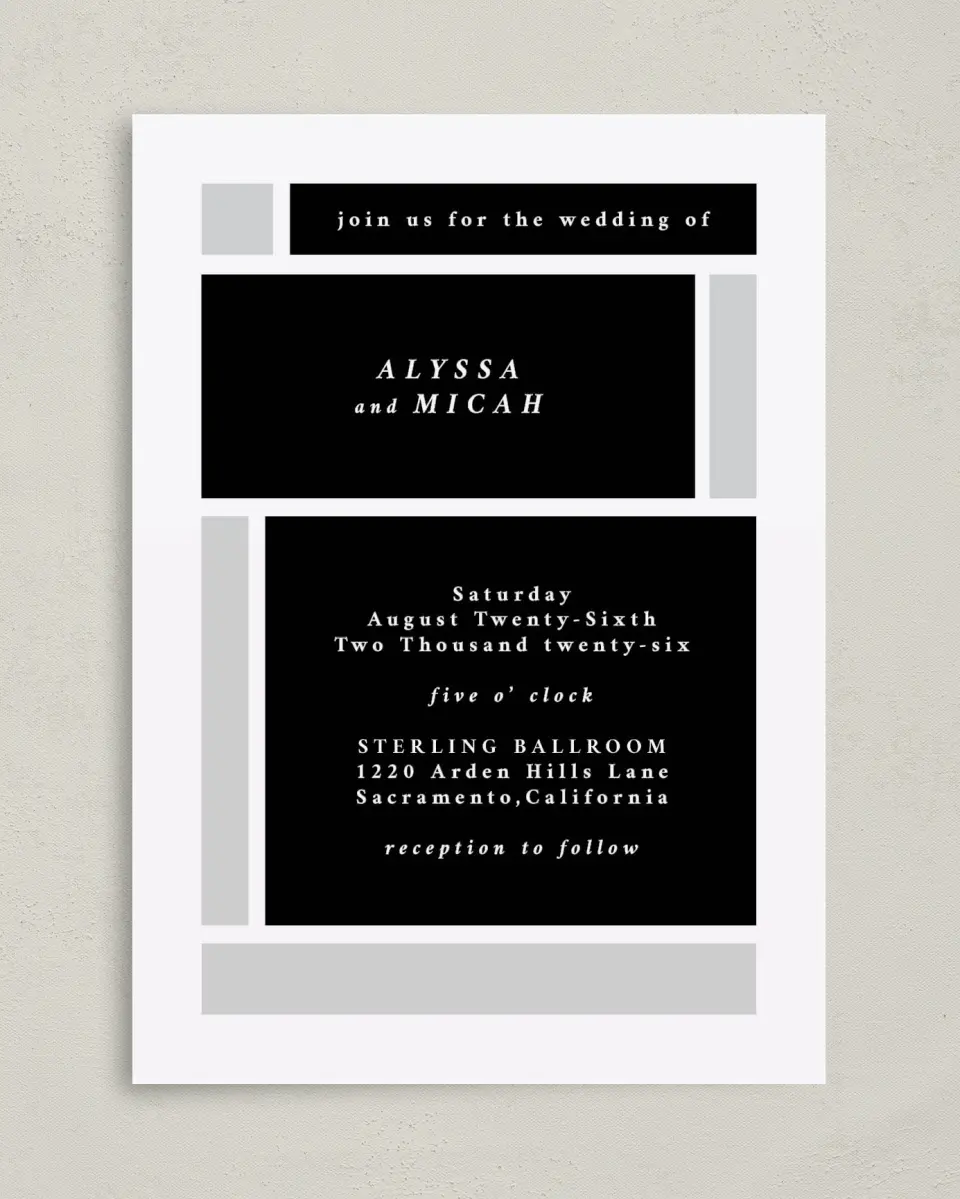 This is a 5" x 7" Classic Wedding Invitation called Framed Boxes printed in full color with Gold foil on Luxe Satin (coated) paper