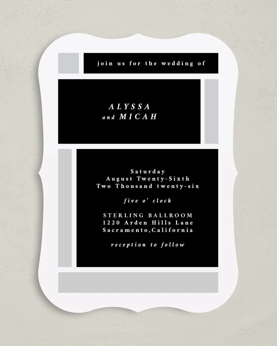 This is a 5" x 7" Bracket Wedding Invitation called Framed Boxes printed in full color on Premium Smooth paper
