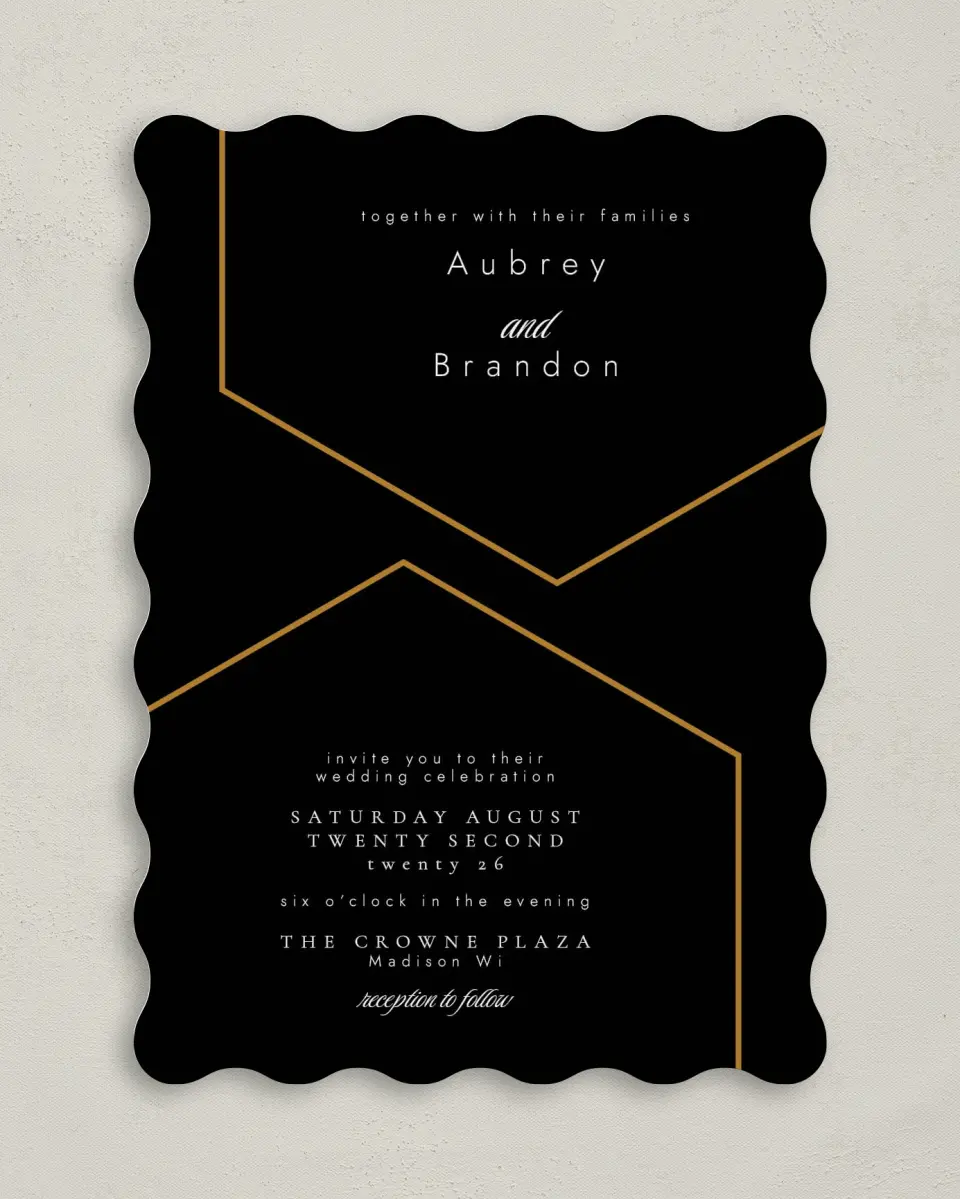This is a 5" x 7" Wavy Wedding Invitation called Love's Ribbon printed in full color on Premium Smooth paper