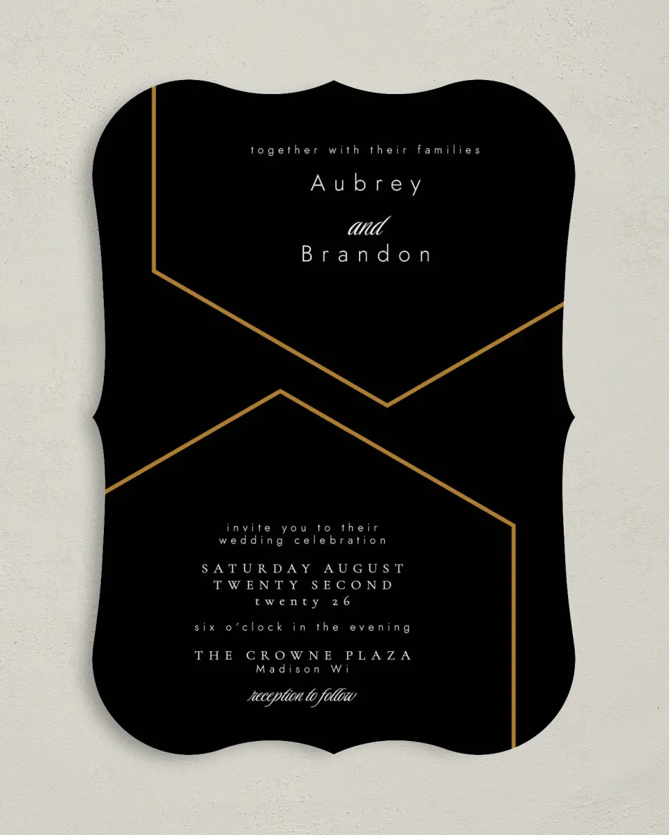 This is a 5" x 7" Bracket Wedding Invitation called Love's Ribbon printed in full color on Premium Smooth paper