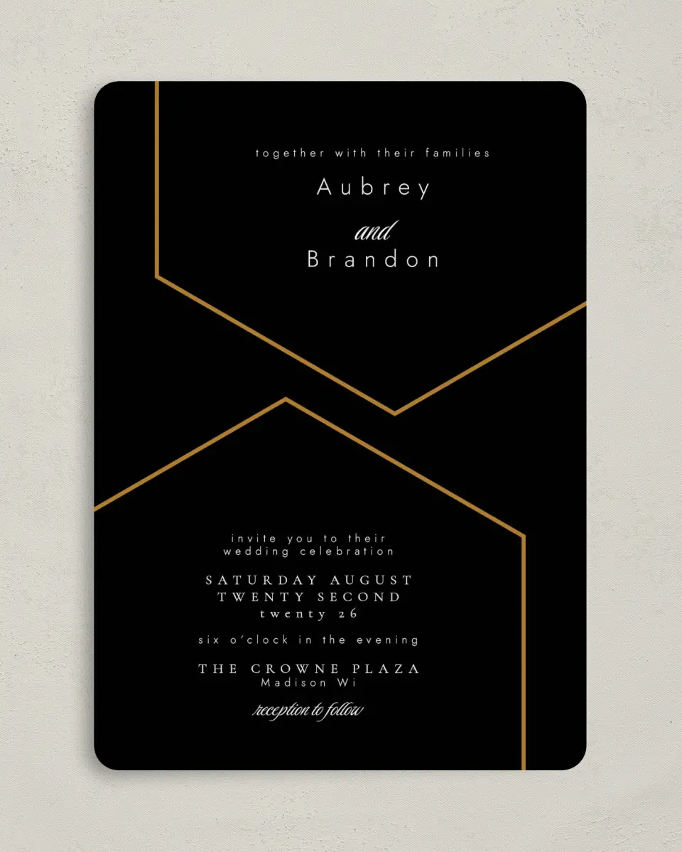 This is a 5" x 7" Rounded Wedding Invitation called Love's Ribbon printed in full color on Premium Smooth paper
