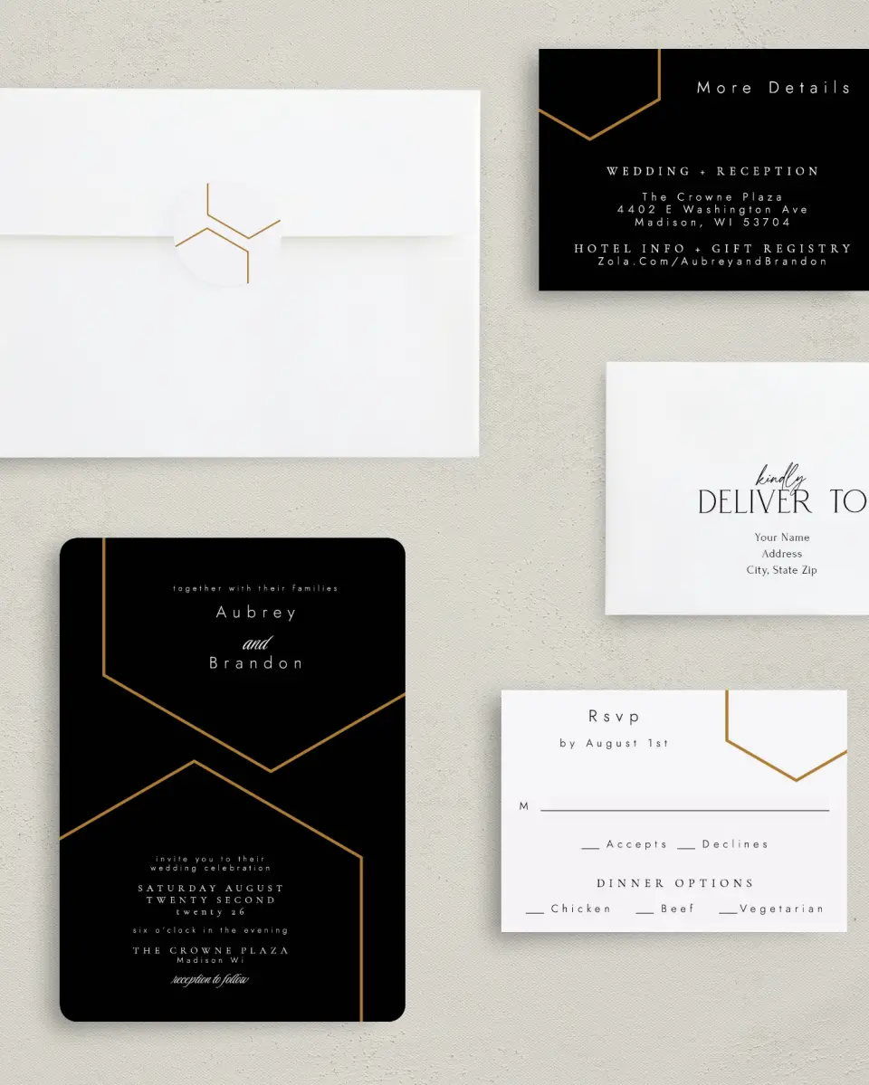 This is a 5" x 7" Rounded Wedding Invitation called Love's Ribbon printed in full color with Gold foil on Luxe Satin (coated) paper