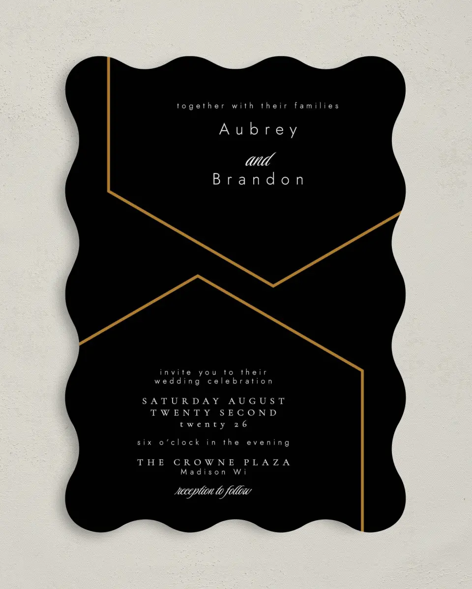 This is a 5" x 7" Wavy Wedding Invitation called Love's Ribbon printed in full color on Premium Smooth paper