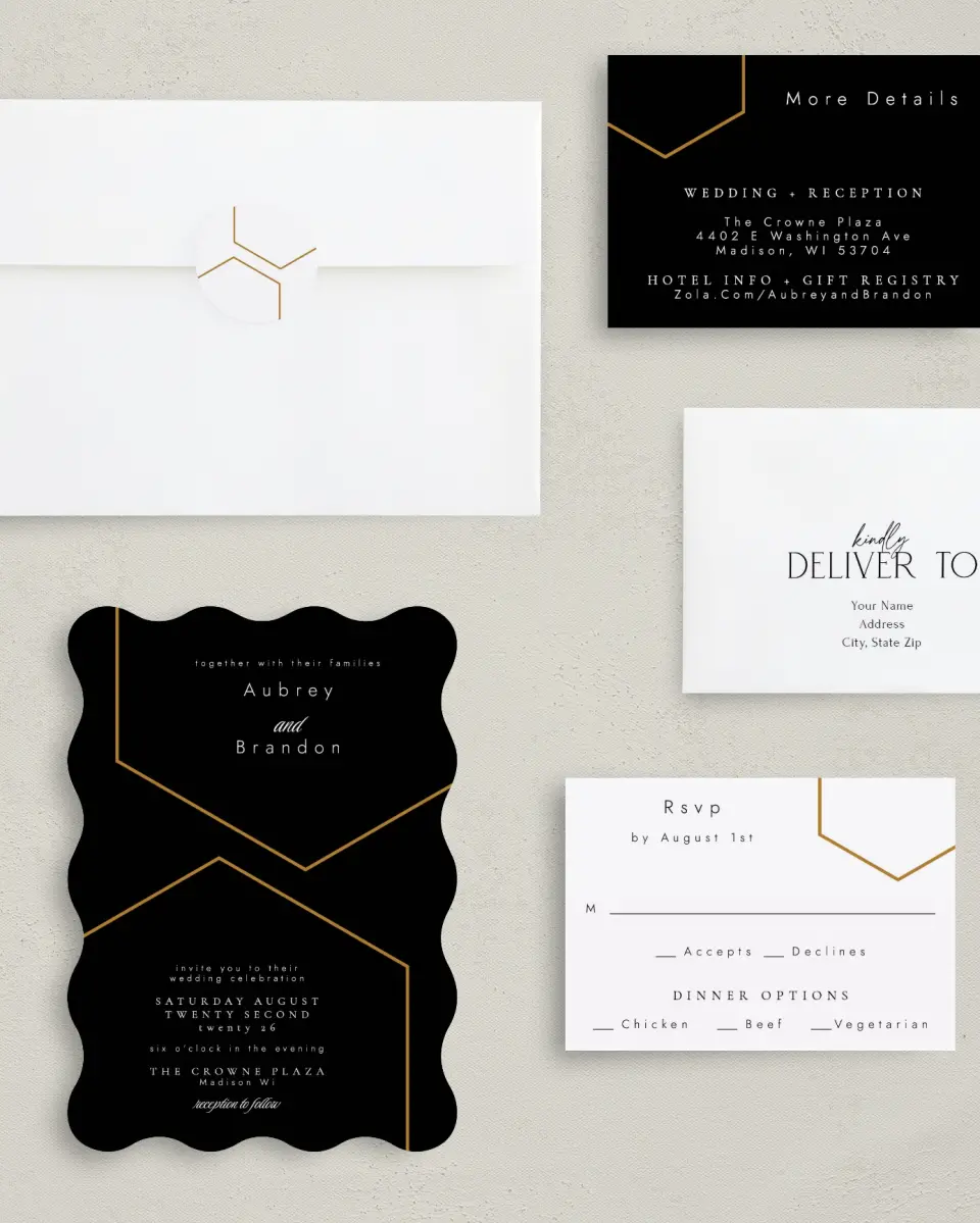 This is a 5" x 7" Wavy Wedding Invitation called Love's Ribbon printed in full color with Silver foil on Luxe Satin (coated) paper