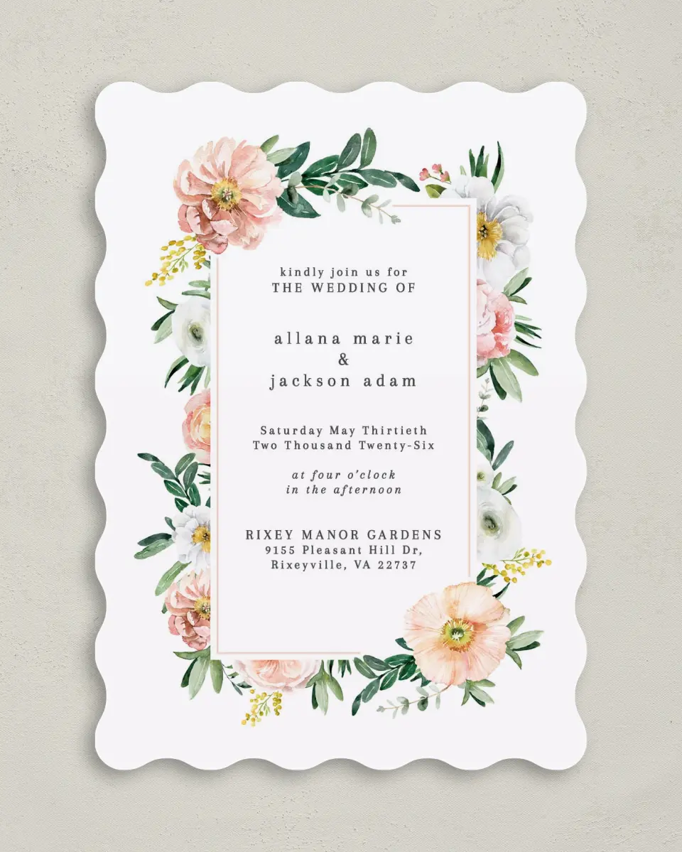 This is a 5" x 7" Wavy Wedding Invitation called Delicate Florals printed in full color on Premium Smooth paper