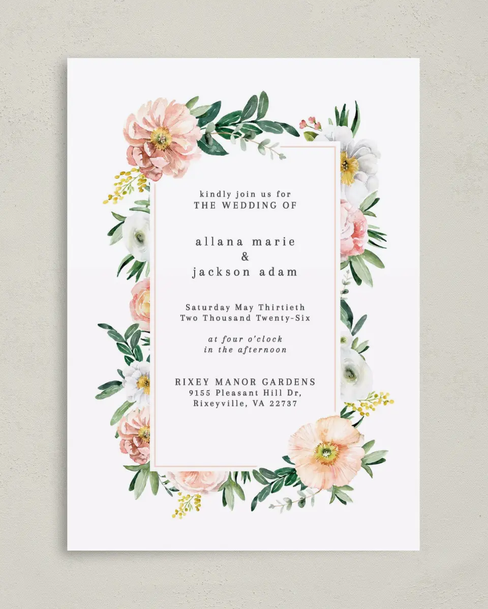 This is a 5" x 7" Classic Wedding Invitation called Delicate Florals printed in full color on Premium Smooth paper