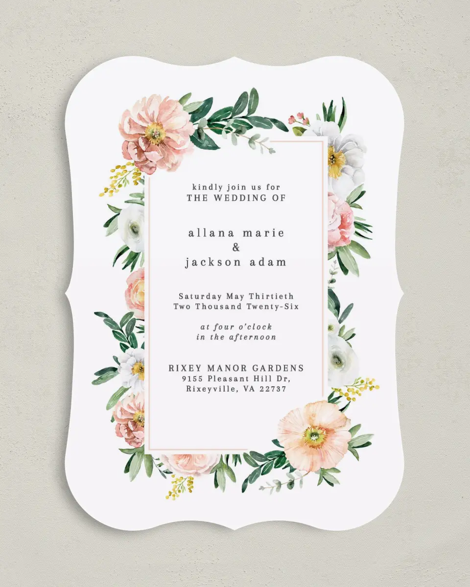 This is a 5" x 7" Bracket Wedding Invitation called Delicate Florals printed in full color on Premium Smooth paper