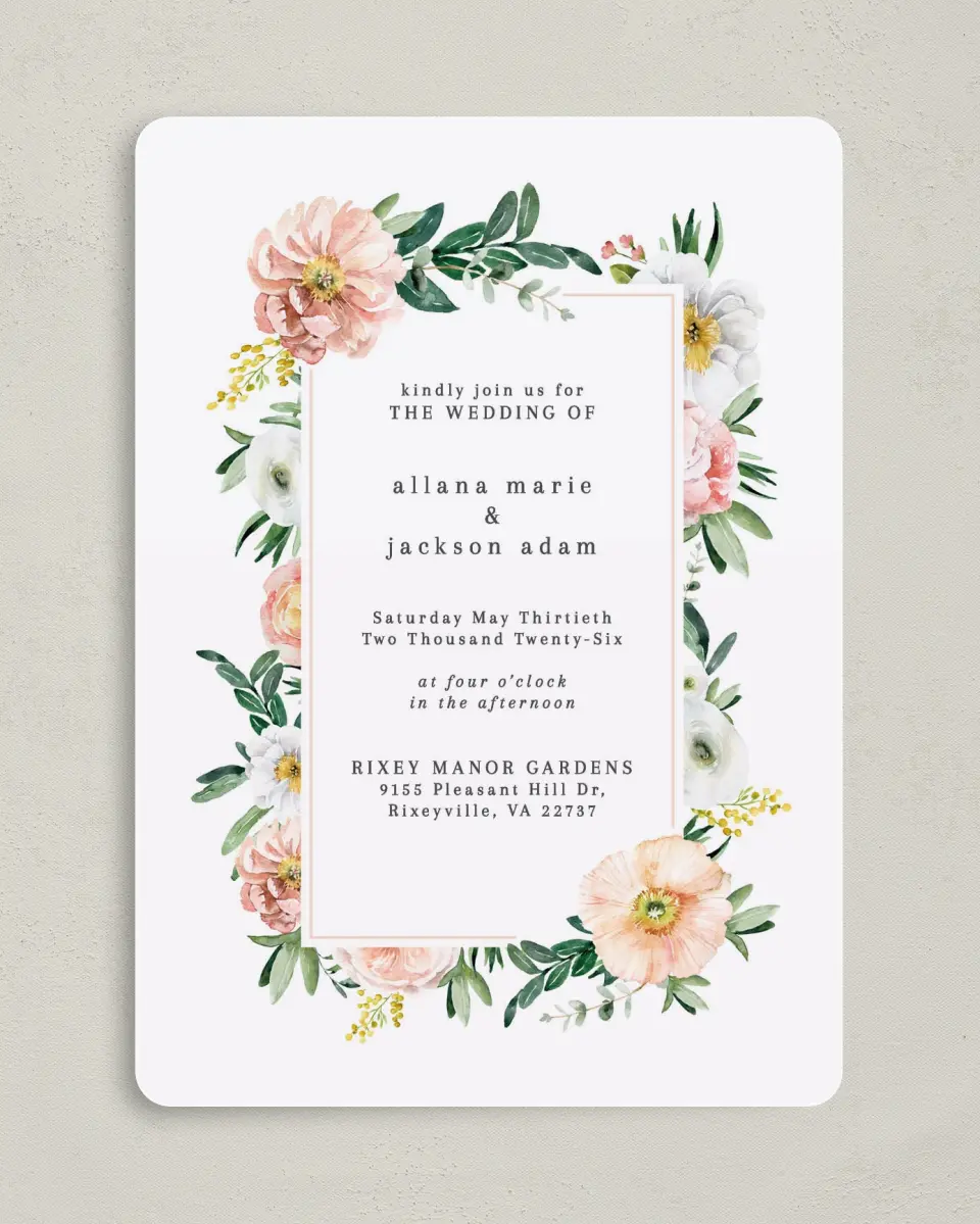 This is a 5" x 7" Rounded Wedding Invitation called Delicate Florals printed in full color on Premium Smooth paper