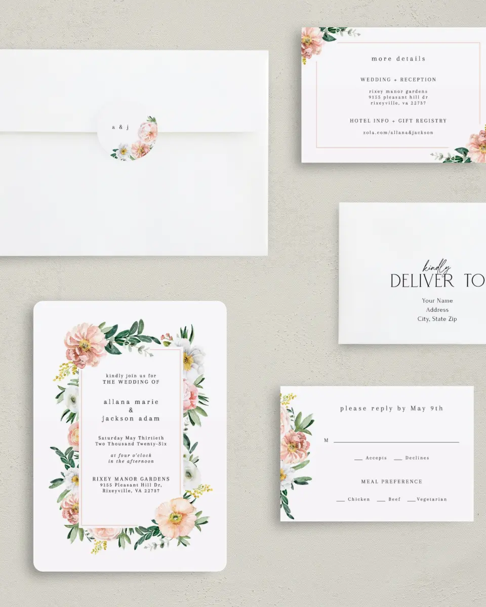 This is a 5" x 7" Rounded Wedding Invitation called Delicate Florals printed in full color on Premium Smooth paper