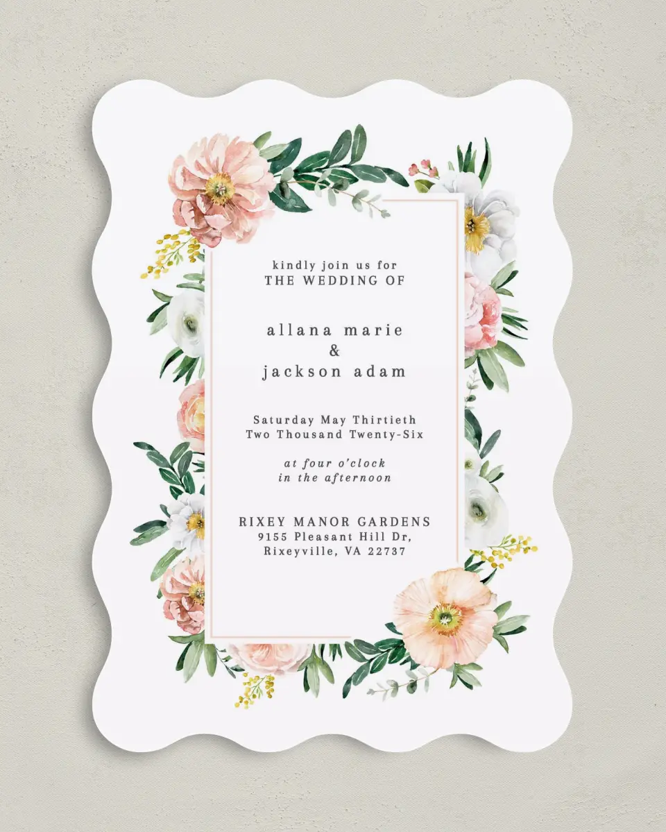 This is a 5" x 7" Wavy Wedding Invitation called Delicate Florals printed in full color on Premium Smooth paper