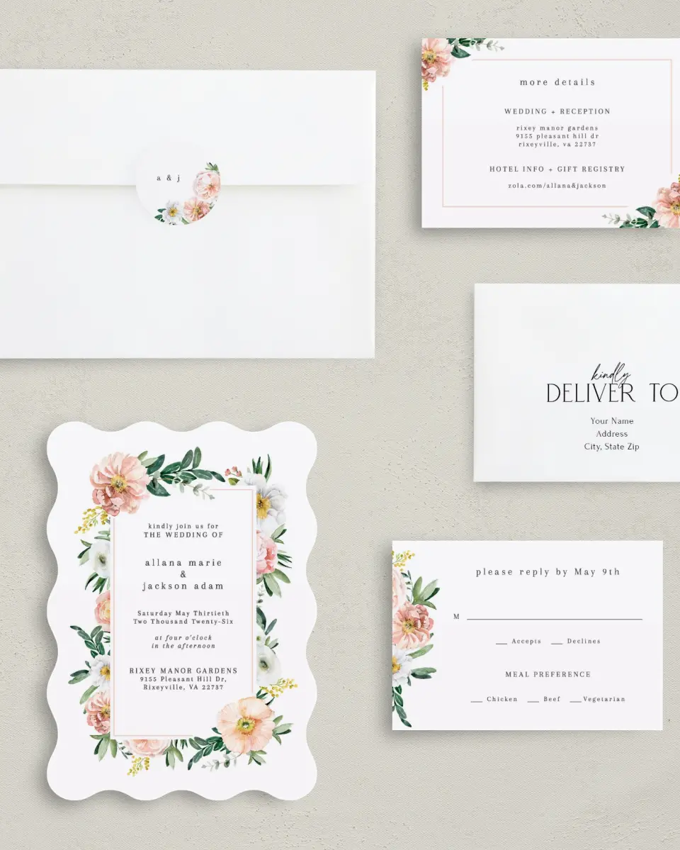 This is a 5" x 7" Wavy Wedding Invitation called Delicate Florals printed in full color with Silver foil on Luxe Satin (coated) paper