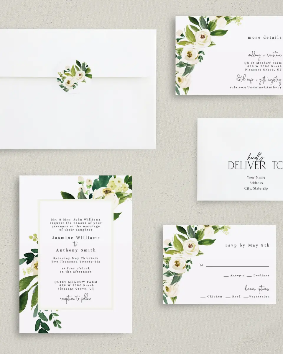 This is a 5" x 7" Classic Wedding Invitation called Wedding Florals printed in full color with Gold foil on Luxe Satin (coated) paper