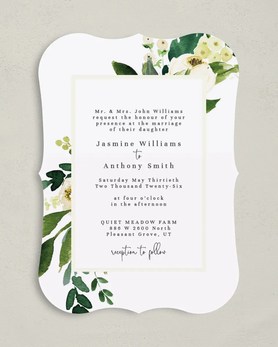 This is a 5" x 7" Bracket Wedding Invitation called Wedding Florals printed in full color on Premium Smooth paper