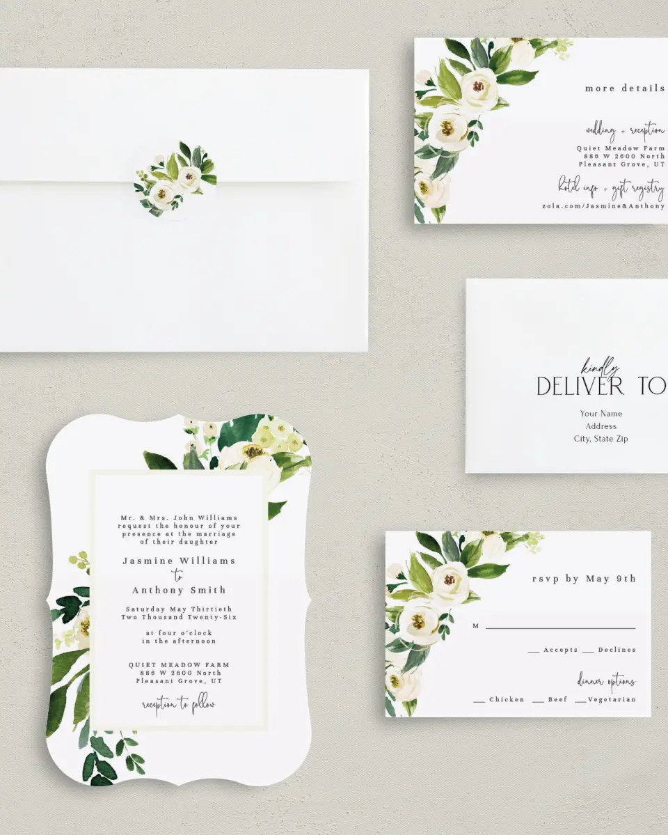 This is a 5" x 7" Bracket Wedding Invitation called Wedding Florals printed in full color with Silver foil on Luxe Satin (coated) paper