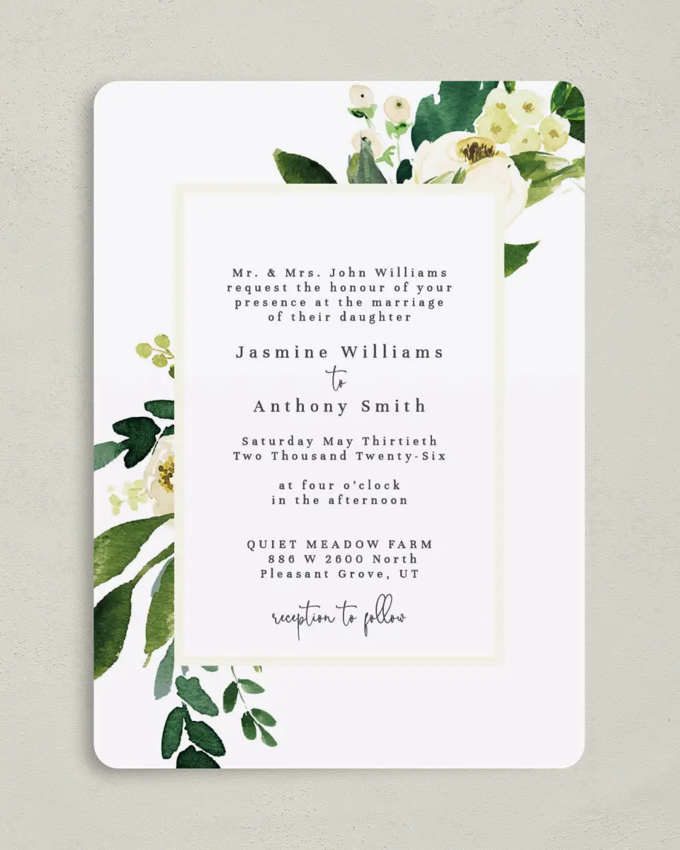 This is a 5" x 7" Rounded Wedding Invitation called Wedding Florals printed in full color on Premium Smooth paper