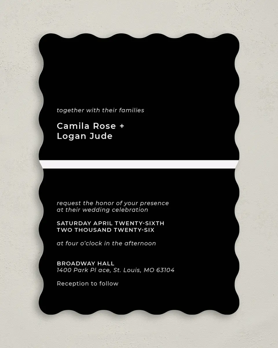 This is a 5" x 7" Wavy Wedding Invitation called Bold Heading printed in full color on Premium Smooth paper