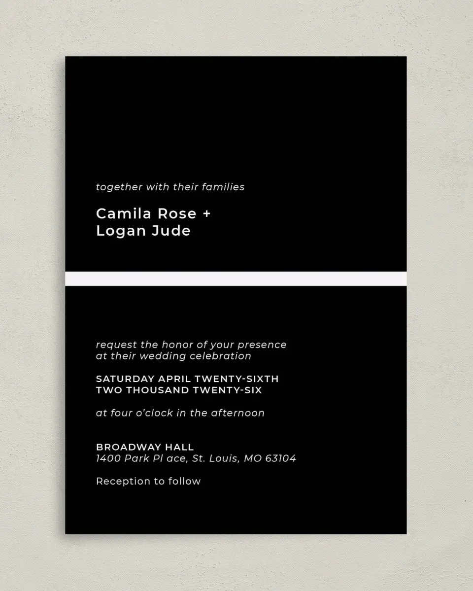 This is a 5" x 7" Classic Wedding Invitation called Bold Heading printed in full color with Gold foil on Luxe Satin (coated) paper