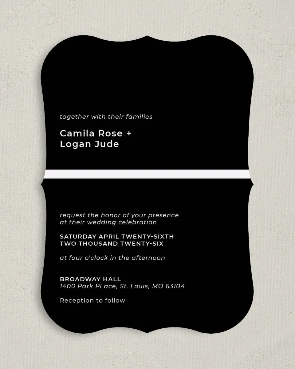 This is a 5" x 7" Bracket Wedding Invitation called Bold Heading printed in full color on Premium Smooth paper