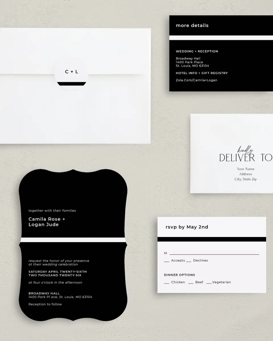 This is a 5" x 7" Bracket Wedding Invitation called Bold Heading printed in full color with Silver foil on Luxe Satin (coated) paper