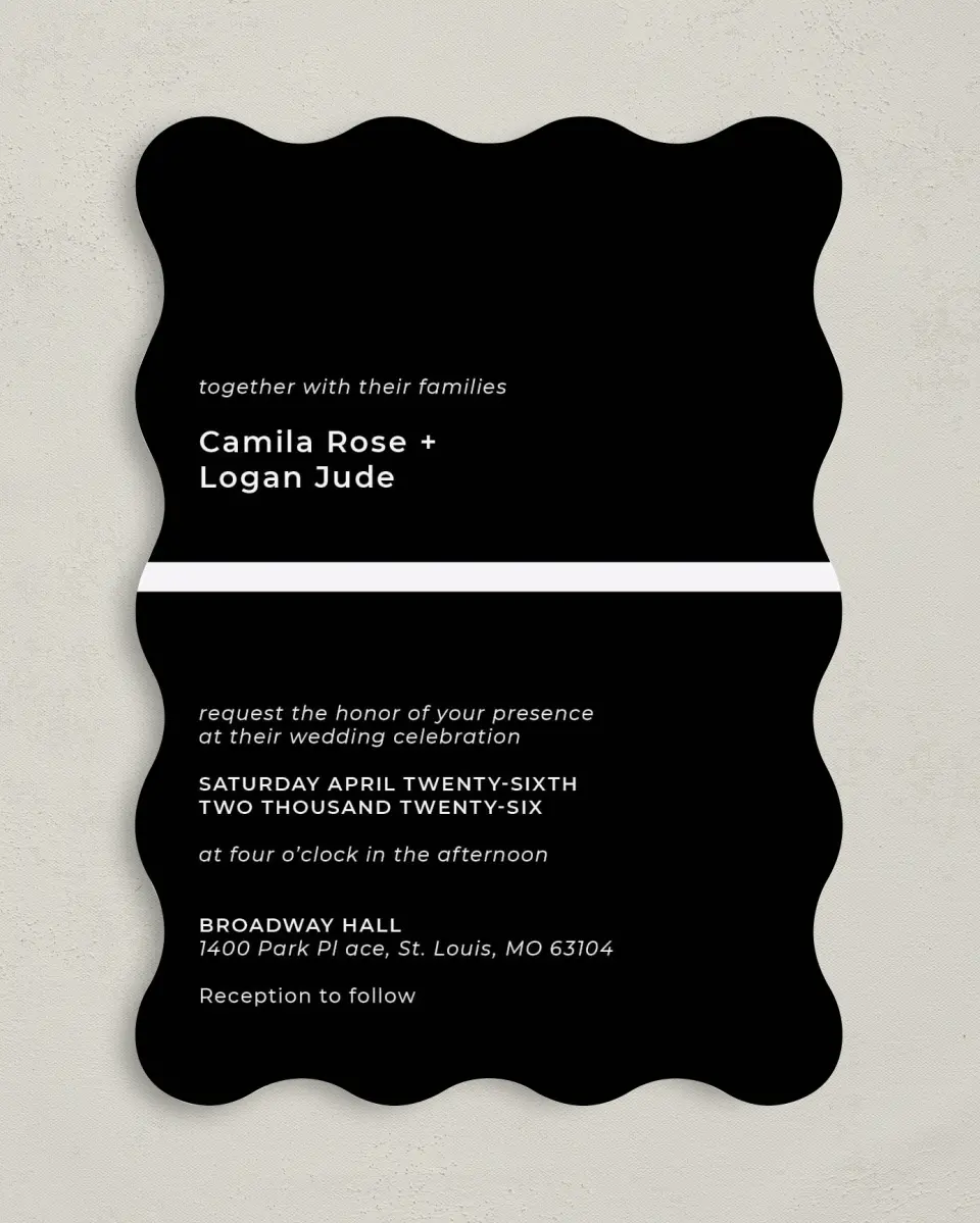 This is a 5" x 7" Wavy Wedding Invitation called Bold Heading printed in full color on Premium Smooth paper
