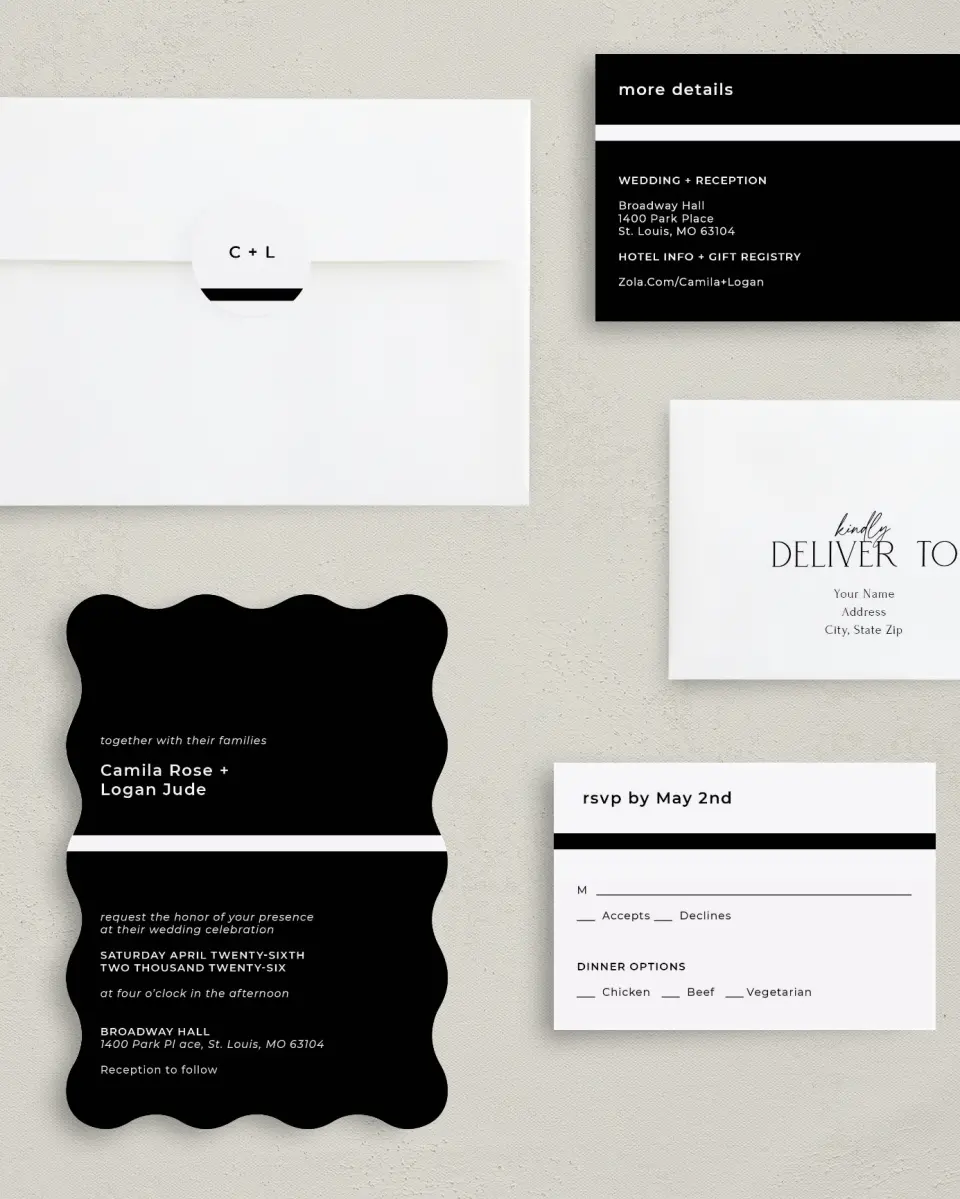 This is a 5" x 7" Wavy Wedding Invitation called Bold Heading printed in full color with Silver foil on Luxe Satin (coated) paper