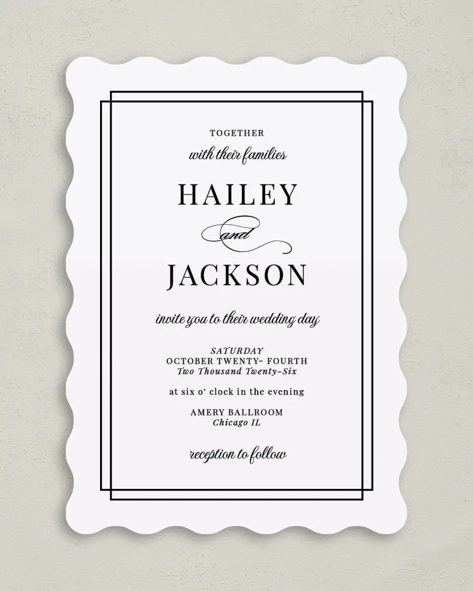 This is a 5" x 7" Wavy Wedding Invitation called Because You're Mine printed in full color on Premium Smooth paper