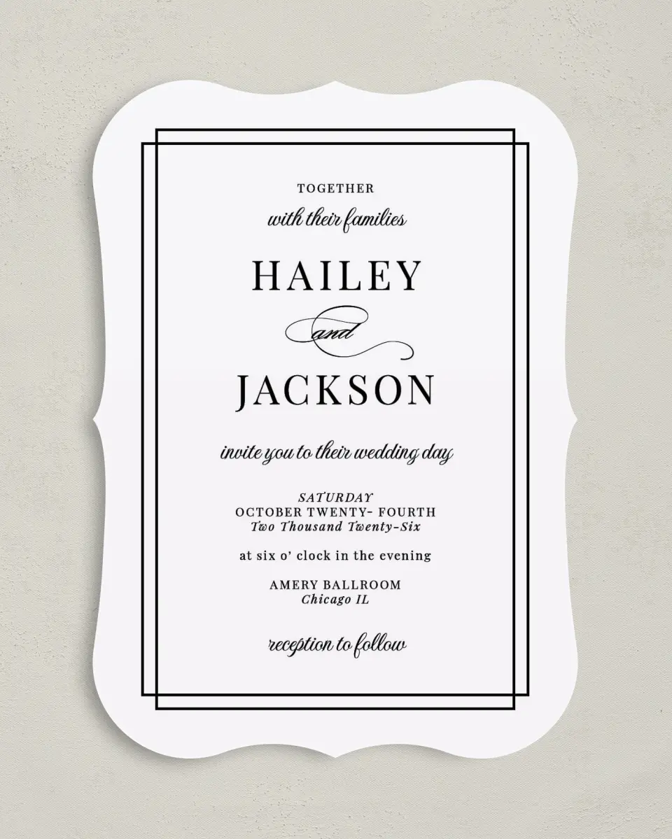 This is a 5" x 7" Bracket Wedding Invitation called Because You're Mine printed in full color on Premium Smooth paper