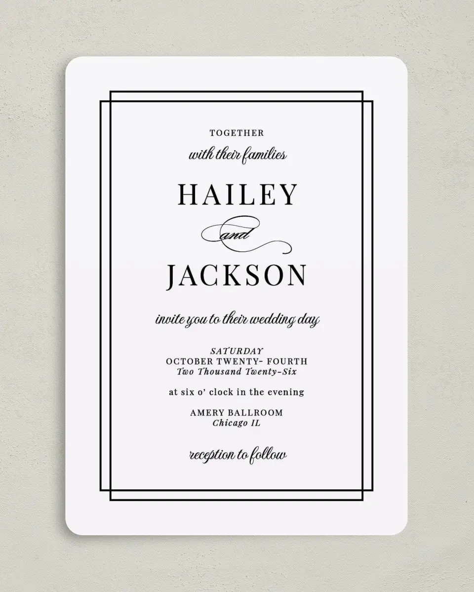 This is a 5" x 7" Rounded Wedding Invitation called Because You're Mine printed in full color on Premium Smooth paper