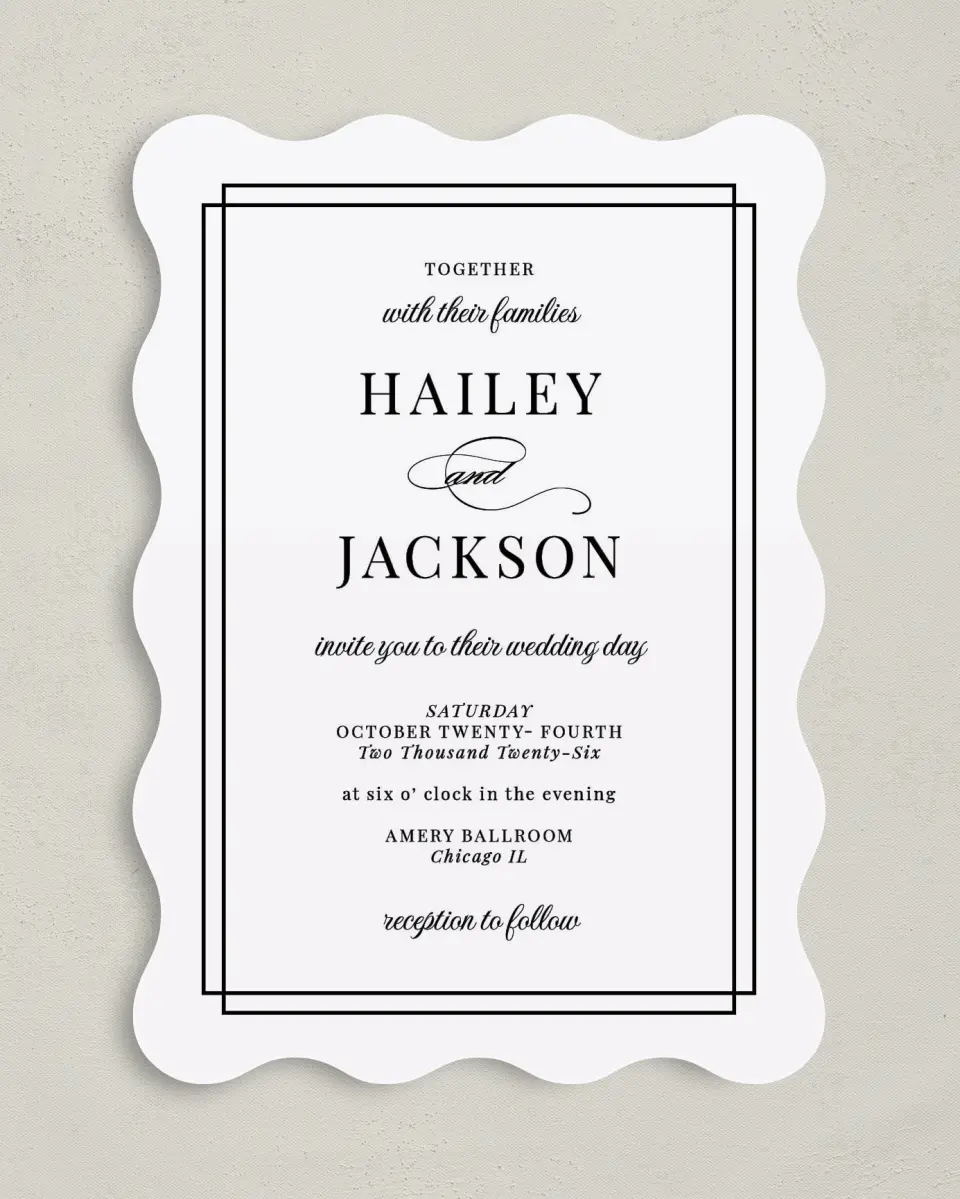 This is a 5" x 7" Wavy Wedding Invitation called Because You're Mine printed in full color on Premium Smooth paper