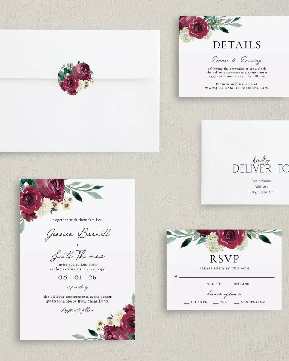 This is a 5" x 7" Classic Wedding Invitation called Floral Touch printed in full color with Gold foil on Luxe Satin (coated) paper