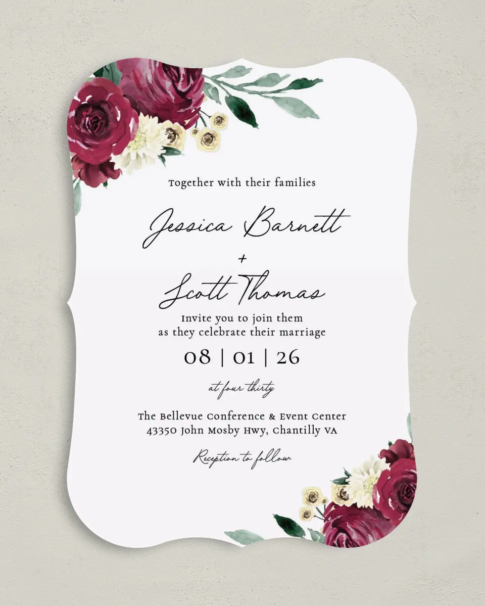 This is a 5" x 7" Bracket Wedding Invitation called Floral Touch printed in full color with Silver foil on Luxe Satin (coated) paper