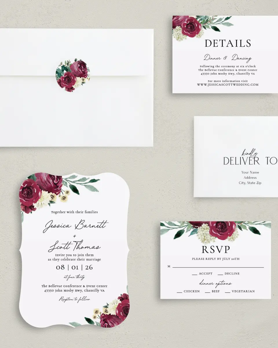 This is a 5" x 7" Bracket Wedding Invitation called Floral Touch printed in full color with Silver foil on Luxe Satin (coated) paper