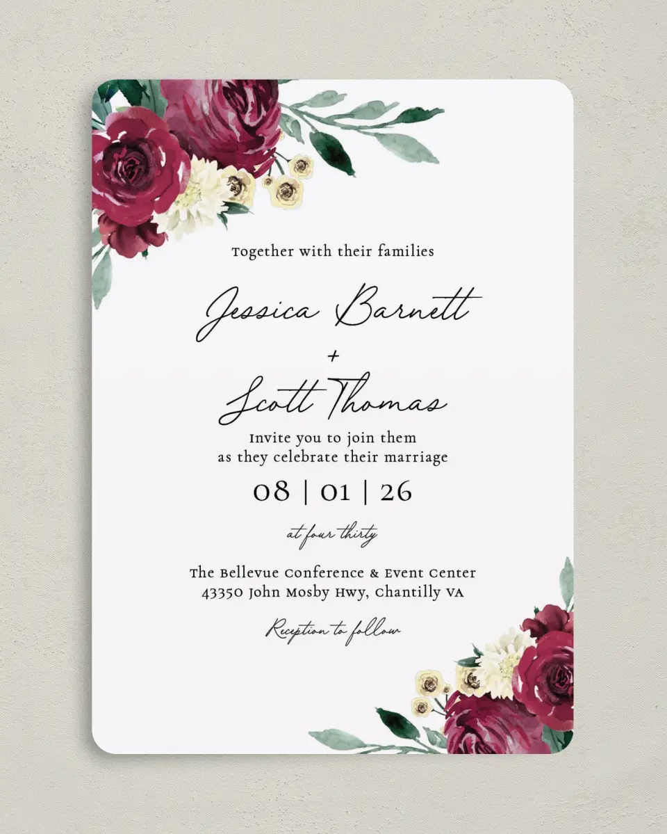 This is a 5" x 7" Rounded Wedding Invitation called Floral Touch printed in full color on Premium Smooth paper