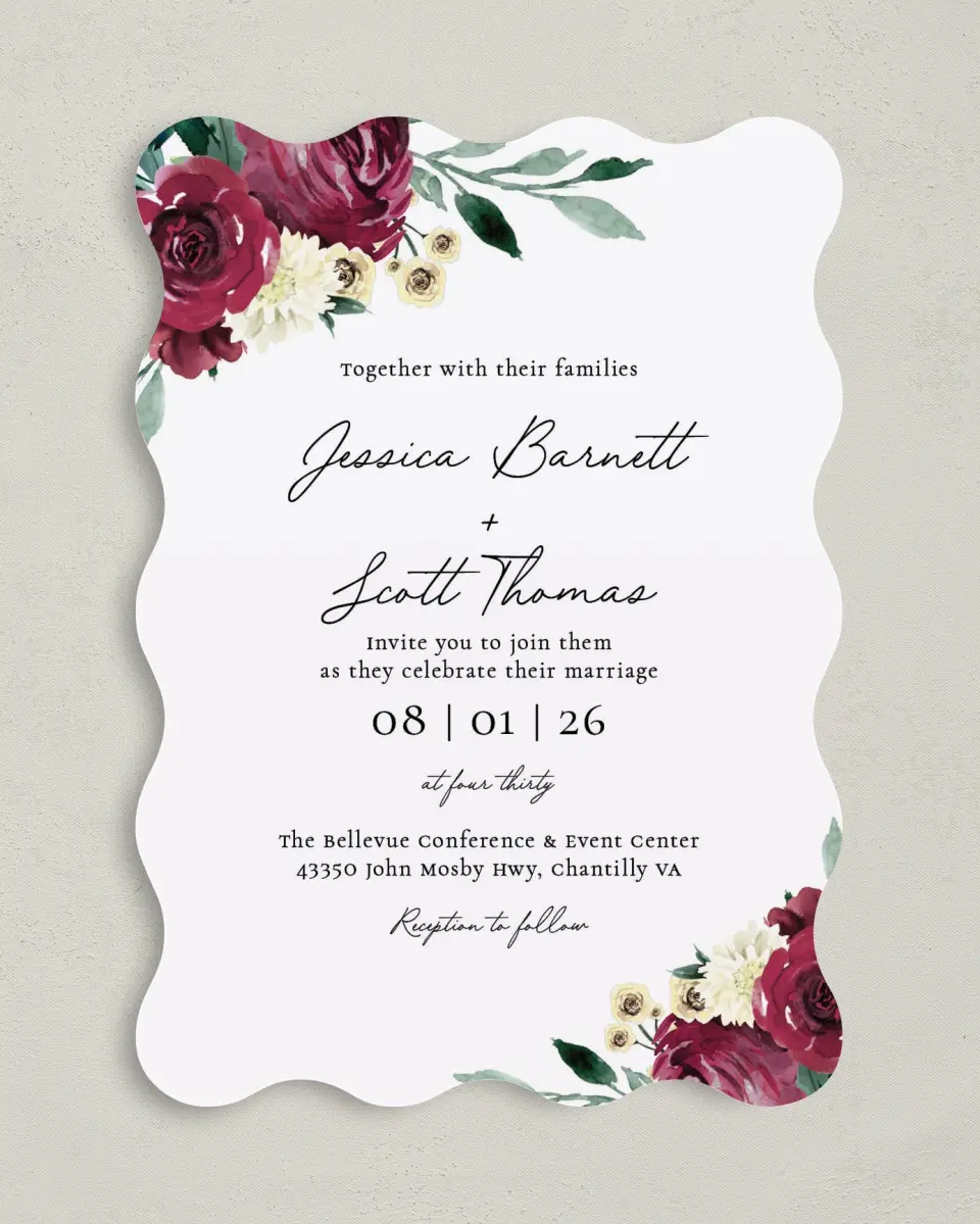This is a 5" x 7" Wavy Wedding Invitation called Floral Touch printed in full color on Premium Smooth paper