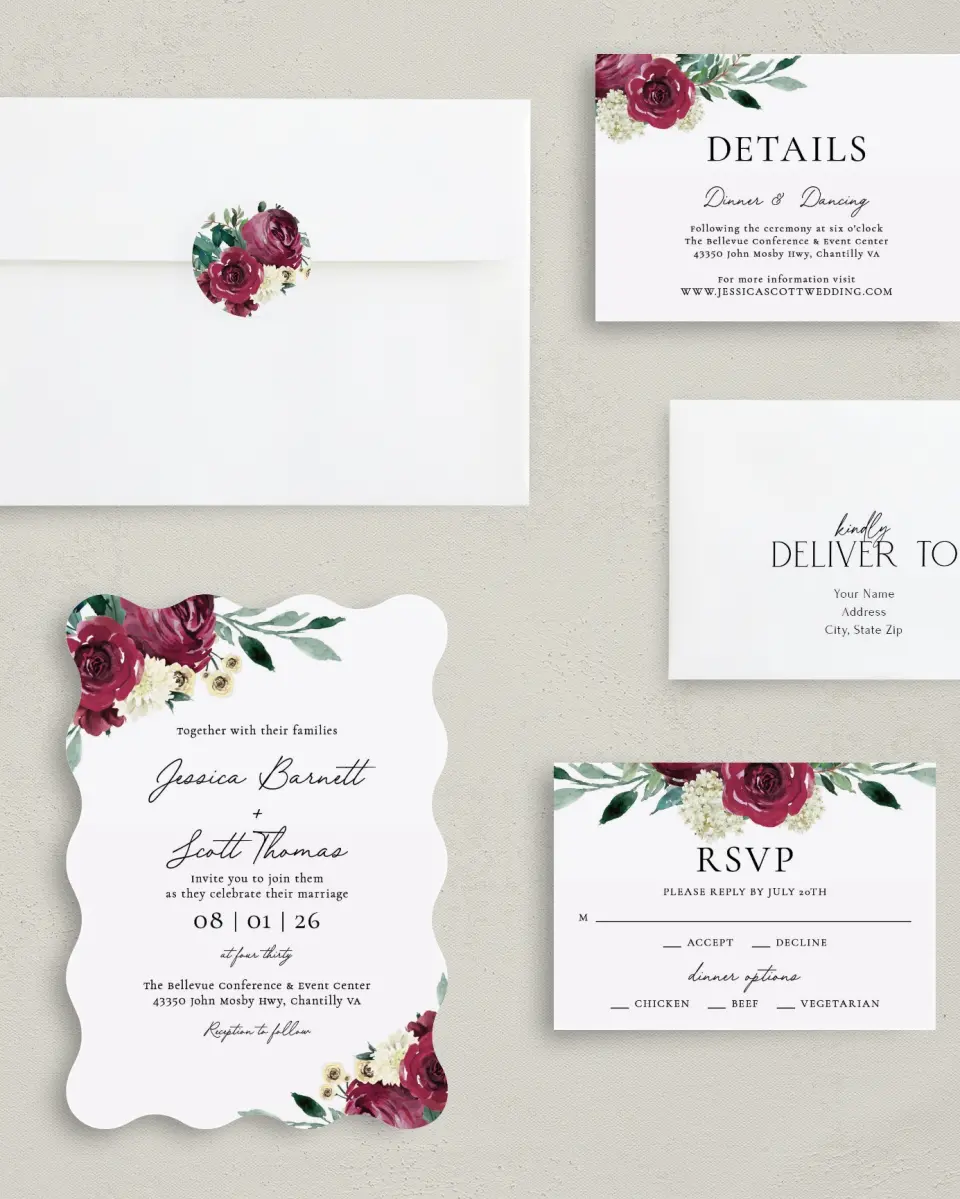 This is a 5" x 7" Wavy Wedding Invitation called Floral Touch printed in full color with Silver foil on Luxe Satin (coated) paper