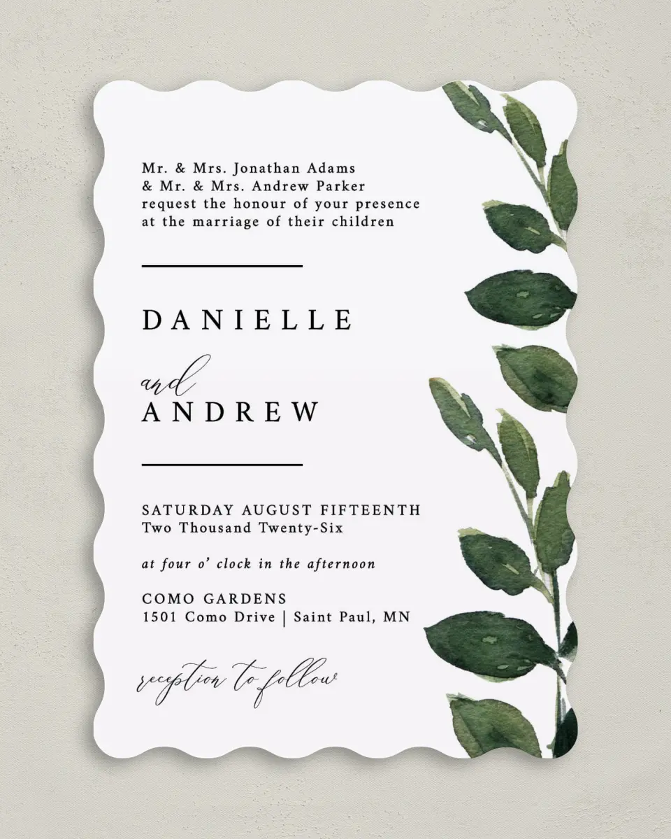 This is a 5" x 7" Wavy Wedding Invitation called All for Love printed in full color on Premium Smooth paper