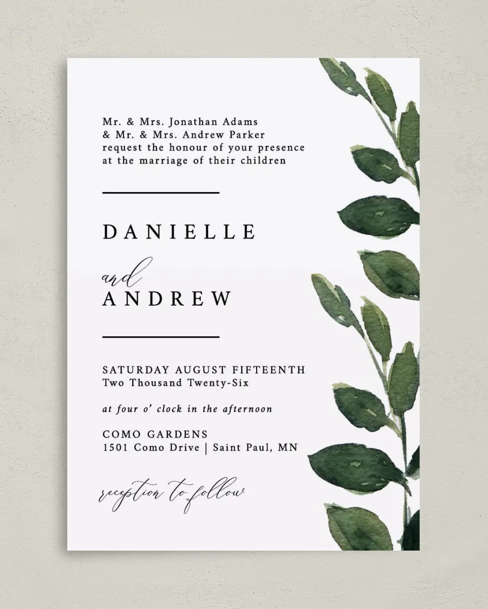 This is a 5" x 7" Classic Wedding Invitation called All for Love printed in full color with Rose Gold foil on Luxe Satin (coated) paper