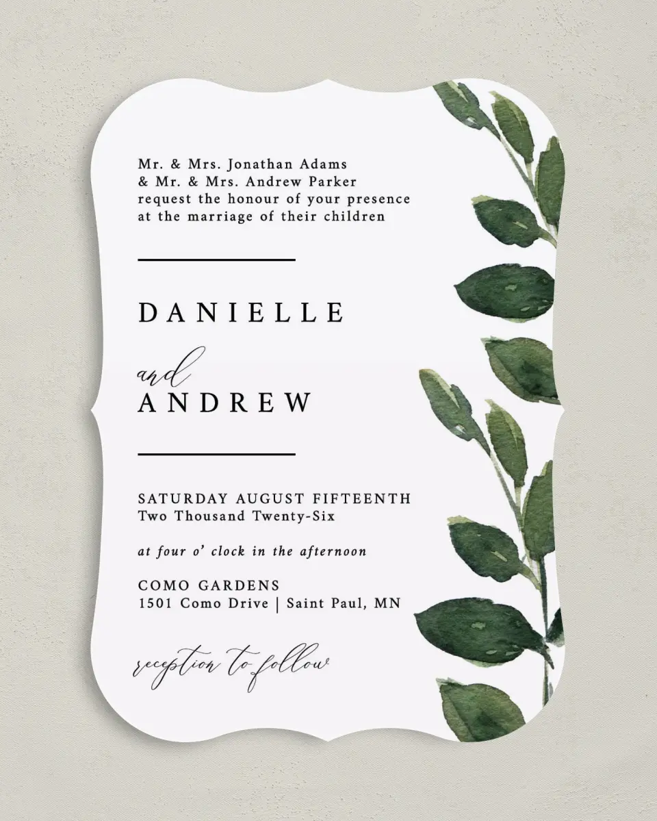 This is a 5" x 7" Bracket Wedding Invitation called All for Love printed in full color on Premium Smooth paper