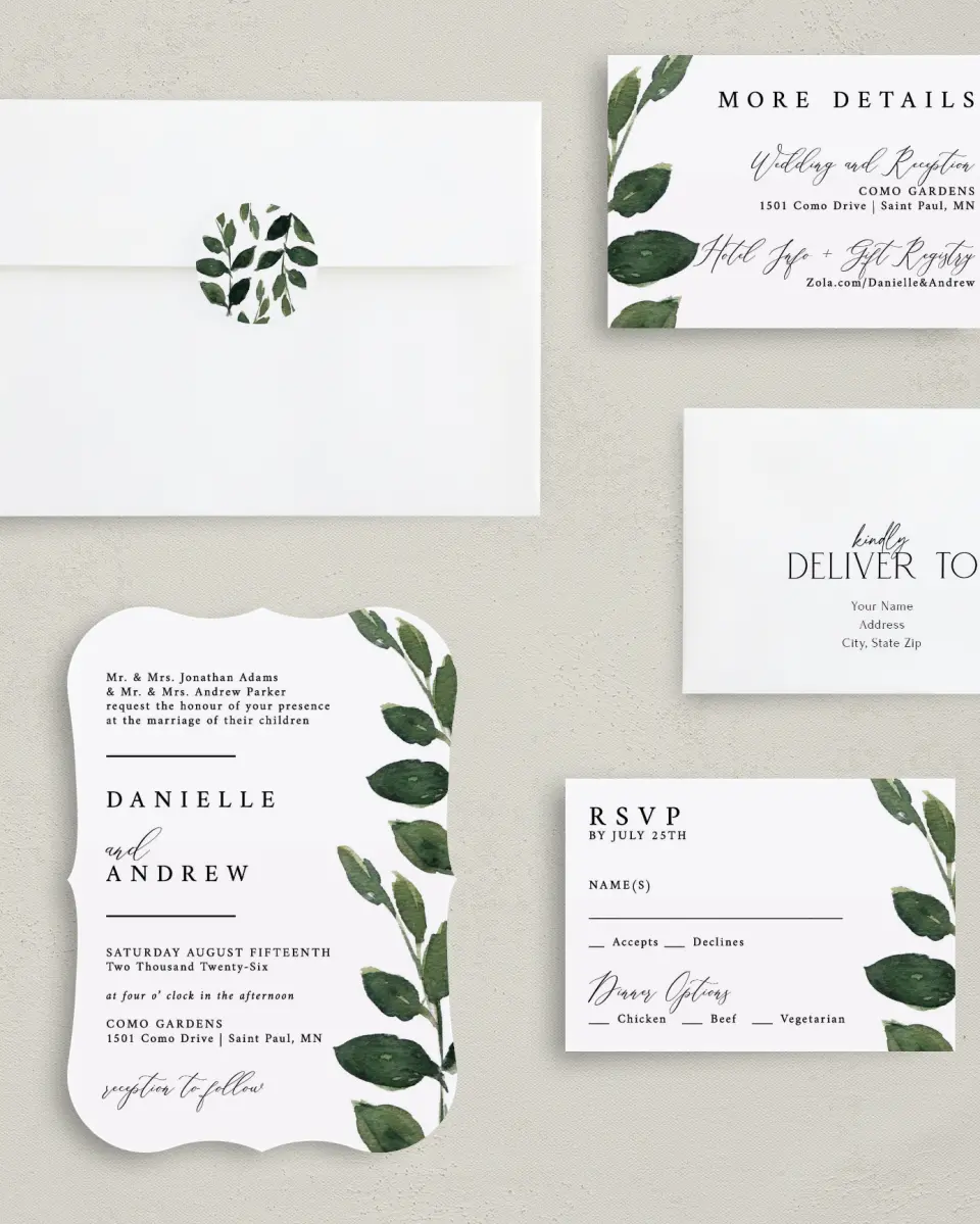 This is a 5" x 7" Bracket Wedding Invitation called All for Love printed in full color with Silver foil on Luxe Satin (coated) paper