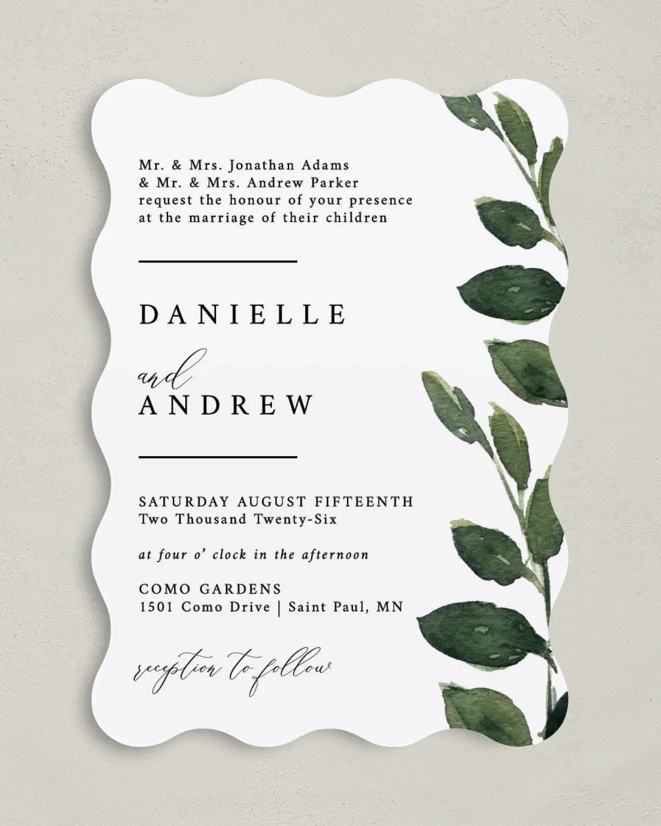This is a 5" x 7" Wavy Wedding Invitation called All for Love printed in full color on Premium Smooth paper