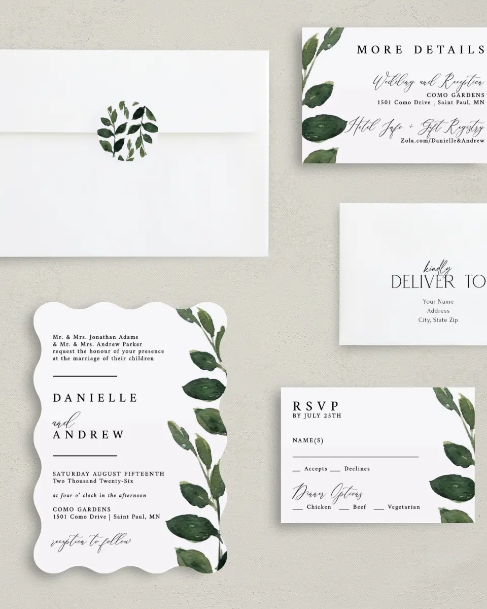 This is a 5" x 7" Wavy Wedding Invitation called All for Love printed in full color with Silver foil on Luxe Satin (coated) paper