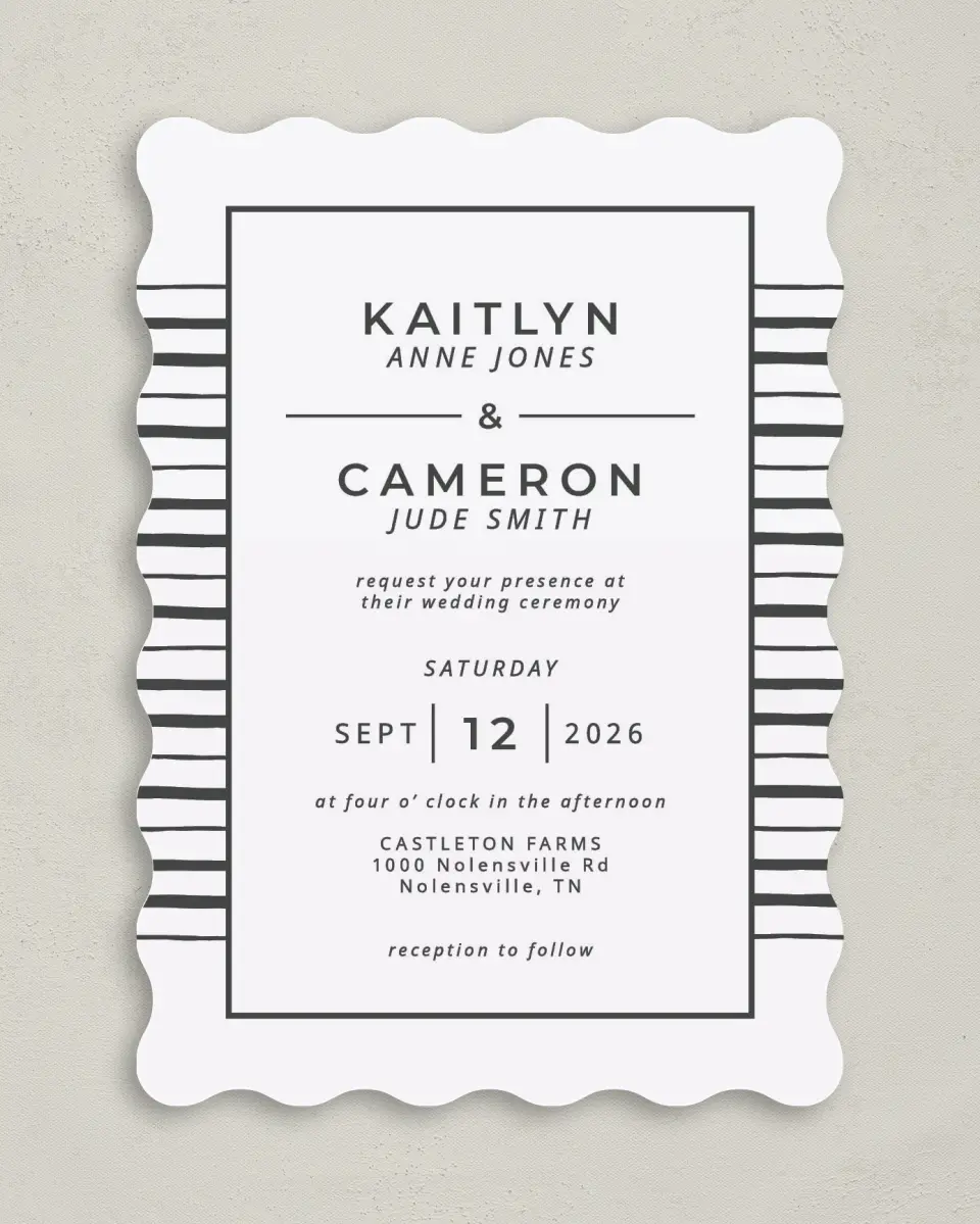 This is a 5" x 7" Wavy Wedding Invitation called Love on the Line printed in full color on Premium Smooth paper