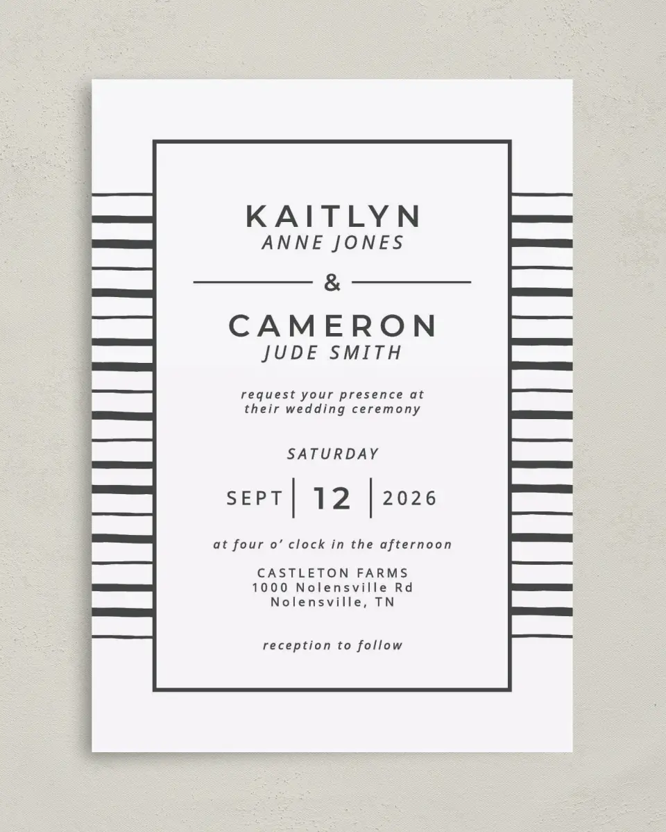 This is a 5" x 7" Classic Wedding Invitation called Love on the Line printed in full color on Premium Smooth paper