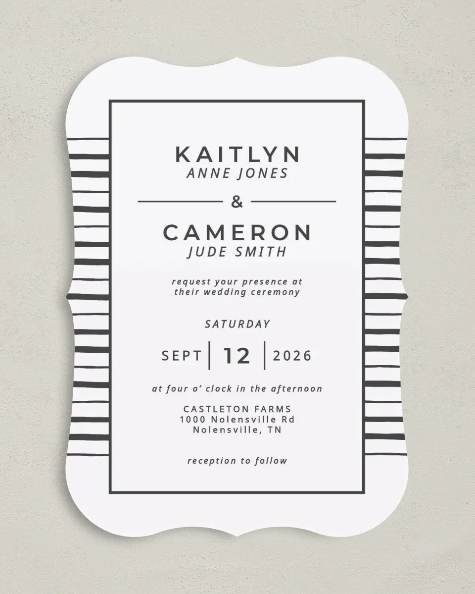 This is a 5" x 7" Bracket Wedding Invitation called Love on the Line printed in full color on Premium Smooth paper