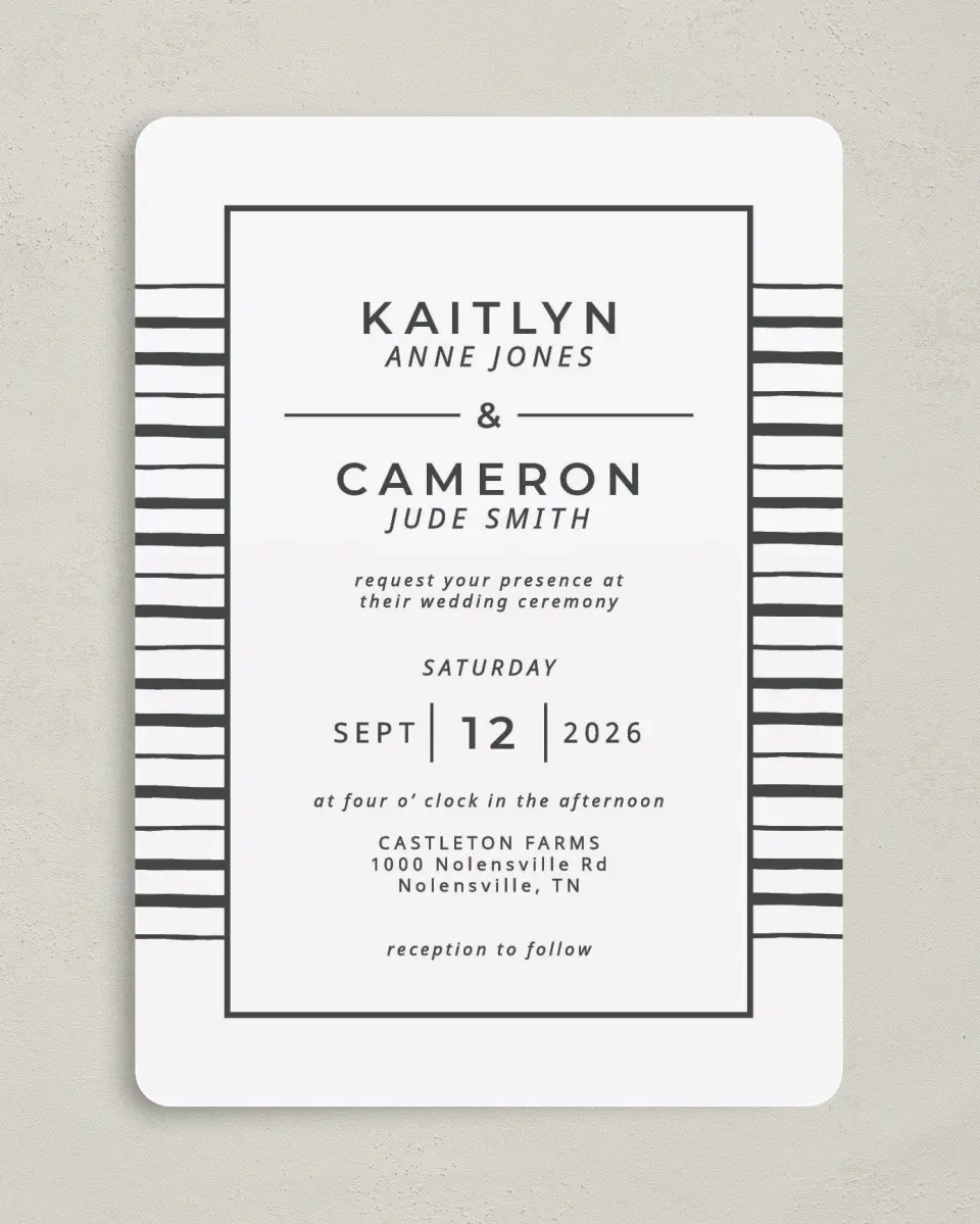This is a 5" x 7" Rounded Wedding Invitation called Love on the Line printed in full color on Premium Smooth paper