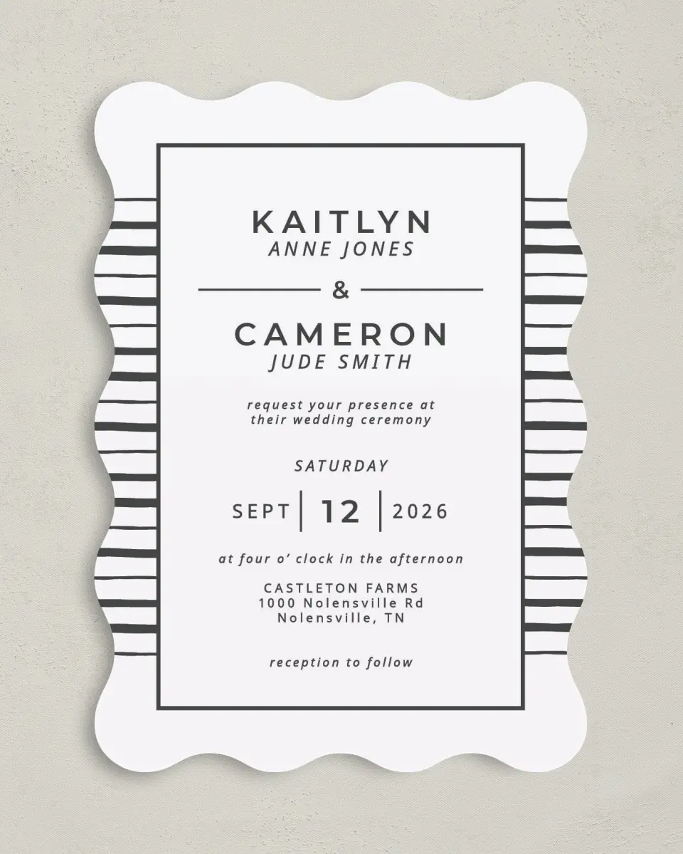 This is a 5" x 7" Wavy Wedding Invitation called Love on the Line printed in full color on Premium Smooth paper