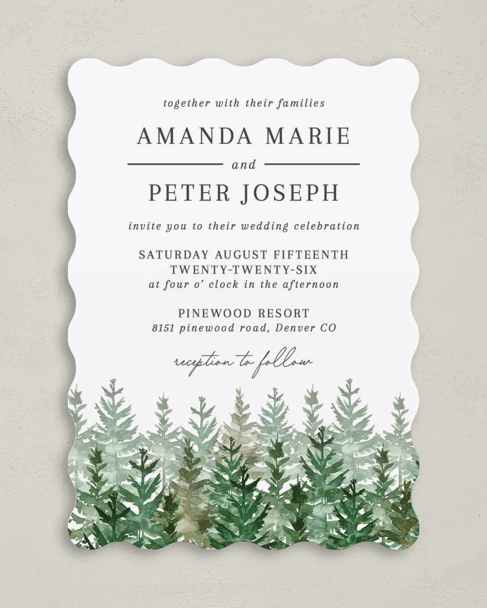 This is a 5" x 7" Wavy Wedding Invitation called Ethereal Evergreens printed in full color on Premium Smooth paper