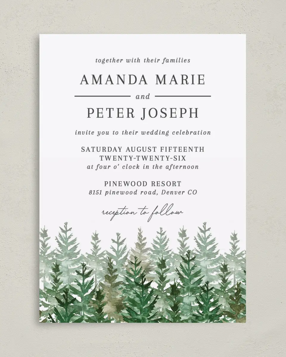 This is a 5" x 7" Classic Wedding Invitation called Ethereal Evergreens printed in full color on Premium Smooth paper