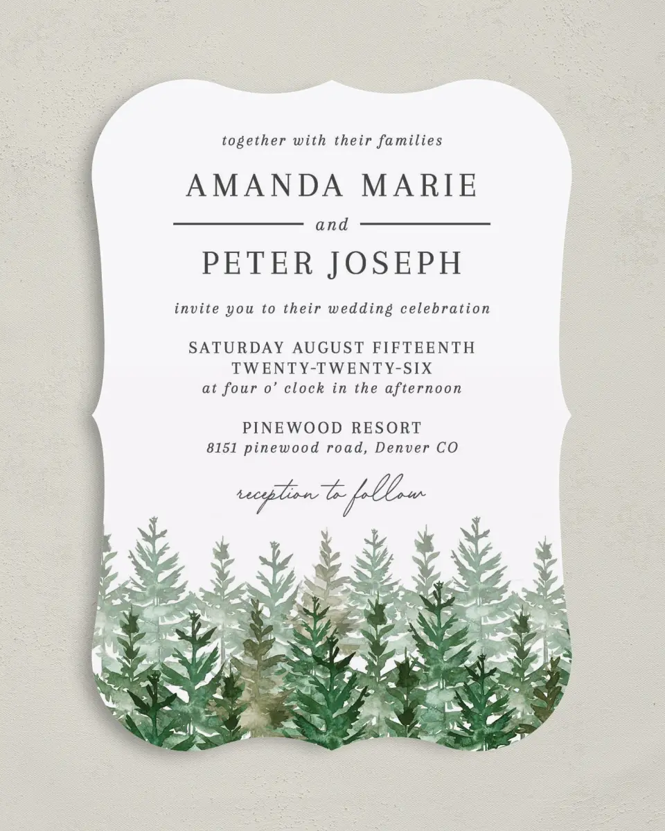 This is a 5" x 7" Bracket Wedding Invitation called Ethereal Evergreens printed in full color with Silver foil on Luxe Satin (coated) paper