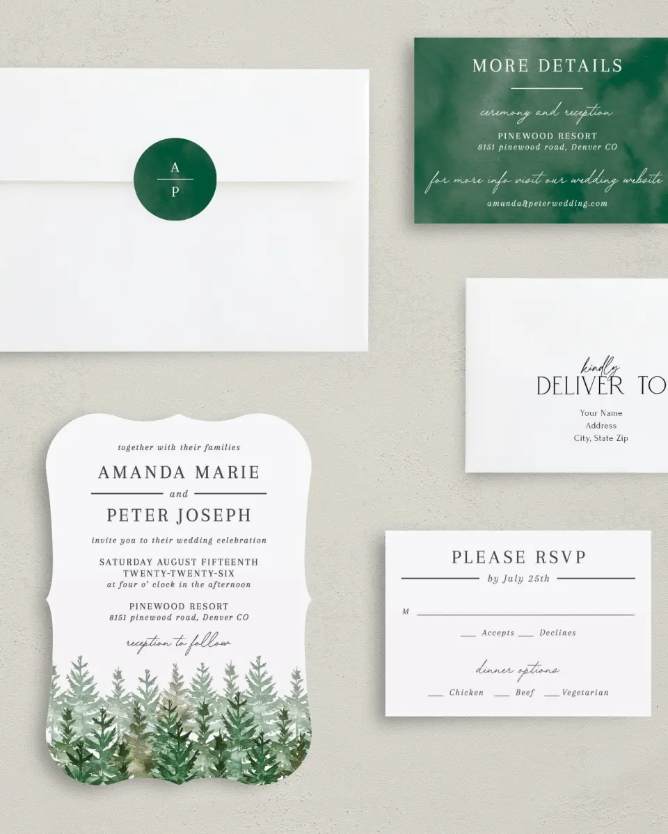 This is a 5" x 7" Bracket Wedding Invitation called Ethereal Evergreens printed in full color with Silver foil on Luxe Satin (coated) paper